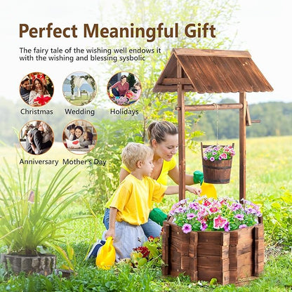 VINGLI Wooden Wishing Well Outdoor Planters, Well Covers for Yard with 2 Reinforced Rods, Height Adjustable Hanging Bucket, Rustic Flower Pot Home Decor for Outside Patio Garden