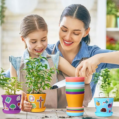 Domensi 30 Set Flower Pot Craft for Kids Bulk Spring Craft 4 Inch Garden Plastic DIY Plant Pot with Tray 30 Sheet Christian Sticker and 30 Certificates Card for Classroom School Mother's Day(Colorful)