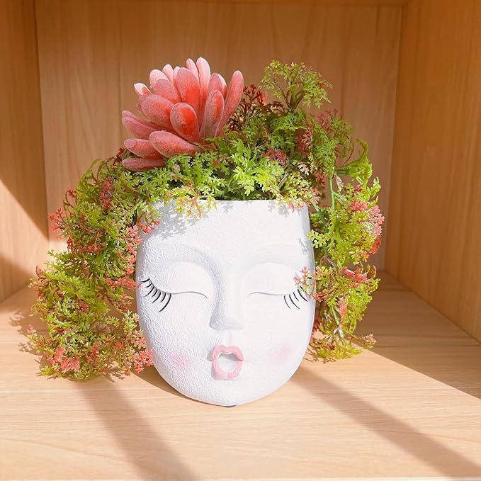 Funny Face Planter Kiss Head Face Planter Pot Handmade Flower Pot Lightweight Resin Plant Pots for Indoor and Outdoor Use White 1Pack
