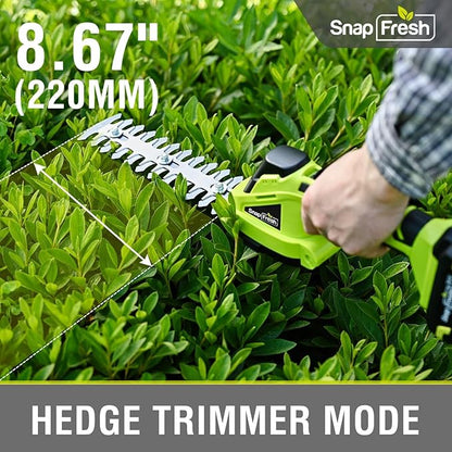 SnapFresh 20V Hedge Trimmer Cordless, 2 in 1 8.67" Electric Shrub Trimmer and 4.72” Grass Shears with 2.0Ah Battery and Charger, Handheld Grass Cutter/Bush Trimmer for Garden Yard