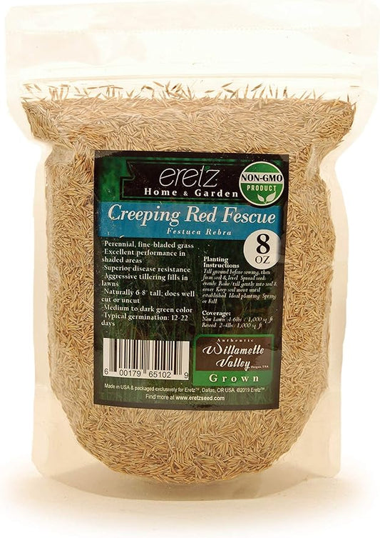 Creeping Red Fine Fescue Seed by Eretz (8oz) - Choose Size! Willamette Valley Oregon Grown, No Fillers, No Weed or Other Crop Seeds, Premium Shade Grass Seed.