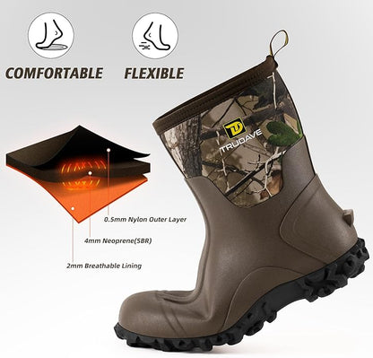 Trudave Rubber Boots for Men, 6mm Neoprene Insulated Mud Boots with Steel Shank, Men's Mid Calf Waterproof Rain Boots,Anti-Slip Rubber Work Boots for Farming Gardening Fishing,Size 7-13