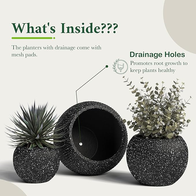 DTY Mt Sherman 16.1'' D x 13.6'' H (Pot Opening 11.8") Fiberstone Round Planter with Drainage Hole, Smooth Finishes, Weather Resistant for Indoor and Outdoor, 2 Extra Coco Mats - Ribbed Black, Medium