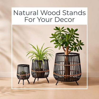 Set of 3 Woven Basket Decorative Planter Pot with Short Legs – Bamboo & Rattan Outdoor & Indoor Plant Pot – Modern Garden & Home Decor Planters – 13", 17", & 19", Black
