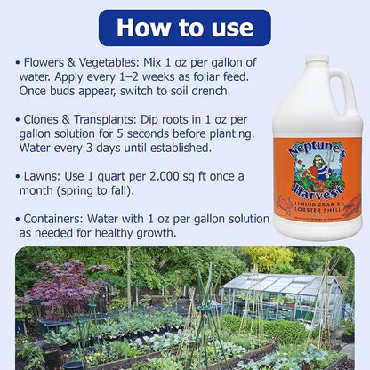 Neptune’s Harvest Organic Crab & Lobster Shell Multi-Purpose Liquid Fertilizer (2-0-2) - 1 Gallon Bottle - Rich in Nutrients Soil Fertilizer - Plant Food for Lawns, Gardens, and Vegetables