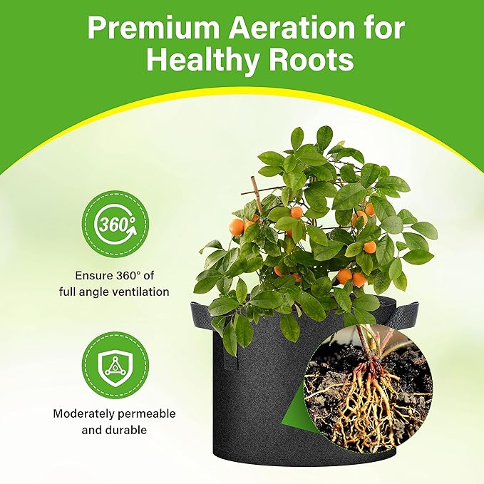 HealSmart 12-Pack 5 Gallon Grow Bags, Nonwoven Aeration Fabric Pots with Handles, Cloth Plant Pots, Suitable for Garden Fruits, Vegetables, Tomato and Flowers, Black