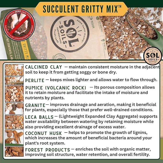Sol Soils Succulent Gritty Mix 1 Gallon - Fast Draining Peat Moss Free Succulent Soil Potting Mix with Coconut Husk Chips, Perlite & Pumice