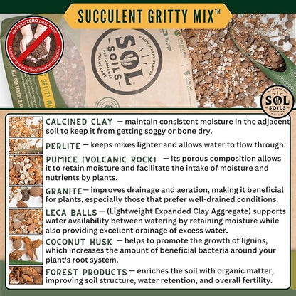 Sol Soils Succulent Gritty Mix 2 Quarts - Fast Draining Peat Moss Free Succulent Soil Potting Mix with Coconut Husk Chips, Perlite & Pumice