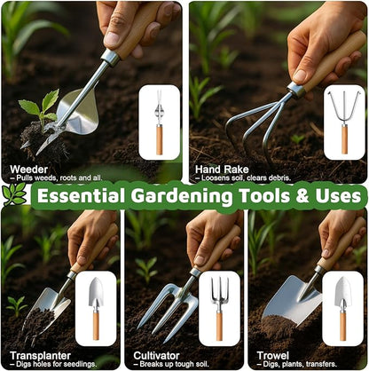 Gardening Tools 10-Piece Heavy Duty Gardening Tool Set with Fashion Durable Tote Organizer Bag, Rust-Proof Non-Slip Hand Tools, Ideal Gardening Gift for Women Gardener Gifts