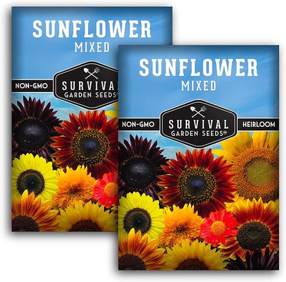 Mixed Sunflower Seeds for Planting | Colorful Blend of Heirloom Varieties for Cut Flowers & Pollinators – Heirloom Non-GMO – Survival Garden Seeds (2 Packs)