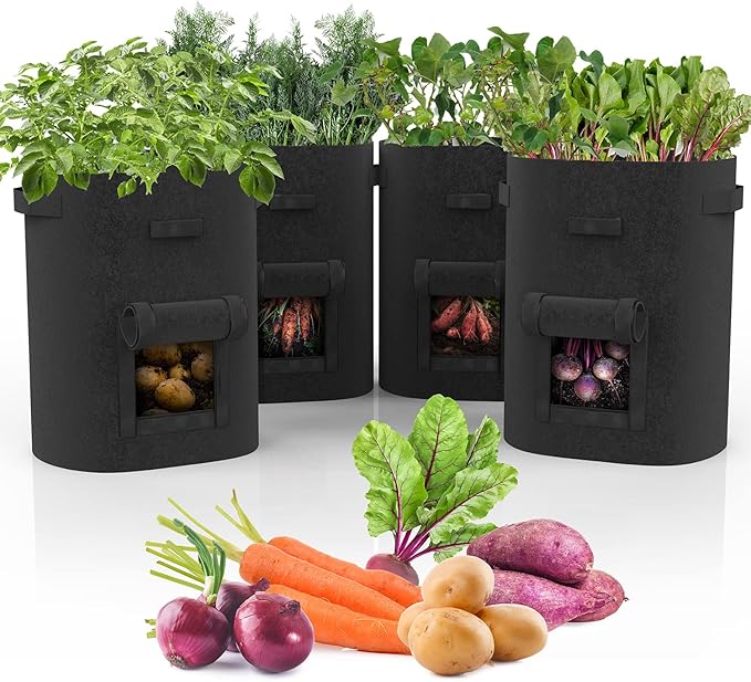 Fosmon Garden Potato Grow Bags with Flap 7 Gallon (4 Pack), Heavy Duty Non-Woven Fabric Planter Bag with Handles & Harvest Window Plant Grow Pot Bag for Tomato Carrot Onion Vegetable Garden Planting