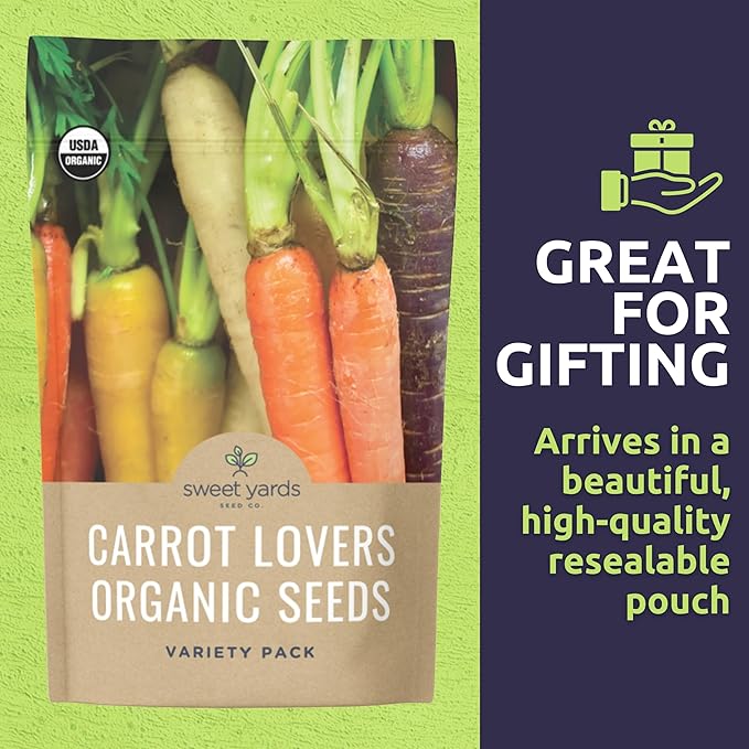 Organic Carrot Seeds Variety Pack - 5 Individual Packs - 2026 Season - Nantes, Little Finger, Dragon, Solar Yellow and More! for Indoor & Outdoor Planting (Non-GMO, Certified Organic)