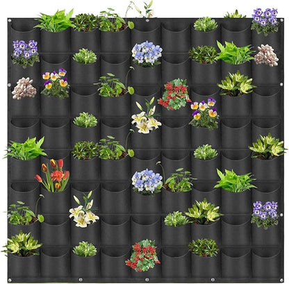 Hanging Planting Grow Bags, 72 Pockets Hanging Vertical Wall Planter Wall Mounted Grow Bag Outdoor Indoor Gardening Vertical Greening Flower Container, Planting Bags Storage Bags(1.0 m × 1.0 m, Black)