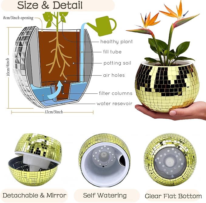 Disco Ball Planter,Disco Ball Vase,Plant Pot,Flower Pot,Mirror Plant Holder,Plastics Self Watering Disco Decor Planter for Small Plant, Party,Table,Office,Kitchen (Gold, 4X5IN)
