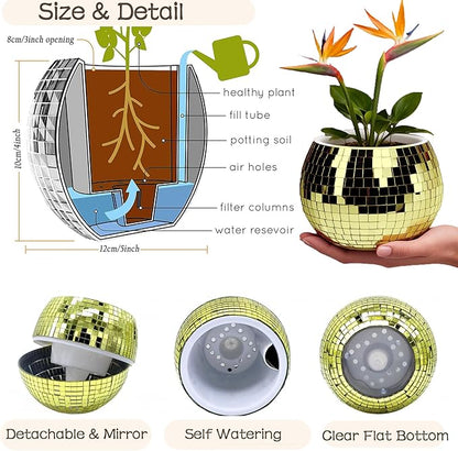 Disco Ball Planter,Disco Ball Vase,Plant Pot,Flower Pot,Mirror Plant Holder,Plastics Self Watering Disco Decor Planter for Small Plant, Party,Table,Office,Kitchen (Gold, 4X5IN)