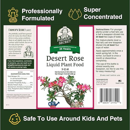 Farmer's Secret Desert Rose Liquid Plant Food Fertilizer (8oz) - Super Concentrated - Promote Flowering and Trunk Growth - 3:11:8 Ratio