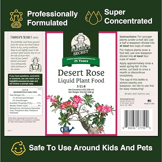 Farmer's Secret Desert Rose Liquid Plant Food Fertilizer (8oz) - Super Concentrated - Promote Flowering and Trunk Growth - 3:11:8 Ratio