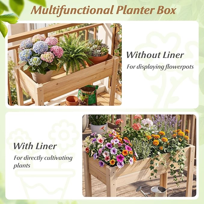 HAPPYGRILL Wooden Raised Garden Bed with Legs, Elevated Planter Box w/Storage Shelf, Drainage, Liner, Outdoor Solid Wood Gardening Box for Vegetables Herbs Flower, Backyard Patio Balcony Indoor