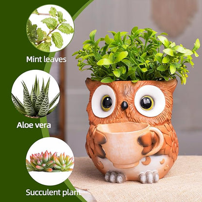 Unique Owl Plant Pots Indoor, Cute Small Succulent Pots with Drainage Hole, Watering Owl Planters for Indoor Outdoor Plants, Resin Flower Pot for String of Pearls, Gift Ideas for Mother