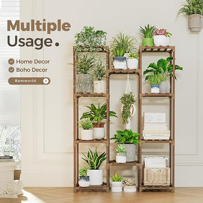 Bamworld Plant Stand Indoor Outdoor Tall Plant Shelf for Multiple Plants Pots Wood Flower Stand Large Flower Holder for Living Room, Patio, Balcony, Garden Decor, Brown