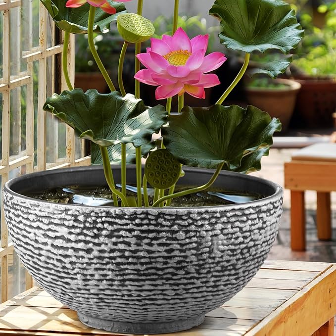 1 Pack Water Lily Planter Bowl, 15.6 Inch Large Lotus Flower Bowl Fit Hydroponic Succulent Planter Water Plant Container for Indoor Outdoor Garden Balcony Patio Fish Pond Bird Bath (Gray)