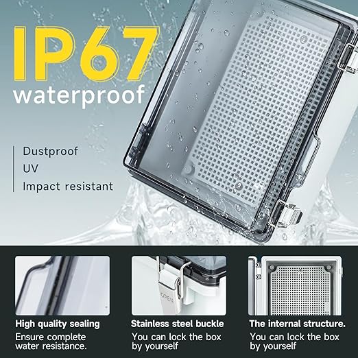 Large Waterproof Electrical Junction Box, IP67 Waterproof Clear ABS Plastic Enclosure Boxes for Outdoor Network Enclosure with Hinged Cover, Mounting Plate, Wall Brackets(13.8"x9.8"x5.9" Clear)