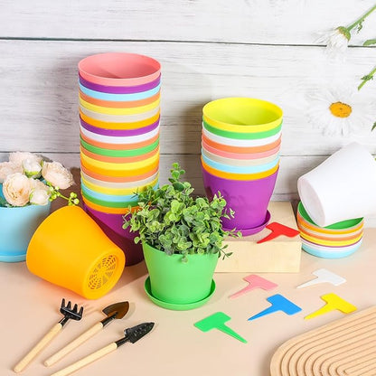 48 Pack Plastic Planters 5.5 Inch Flower Plant Pots Indoor Set Thickened Seedling Nursery Pots Seed Starting Pots with Drainage Holes Saucers Mini Garden Tool for Home Office Garden, Multicolor