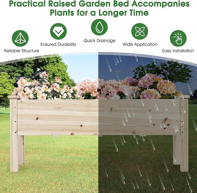 HAPPYGRILL Raised Garden Bed, Wood Planter Box with Legs, 5 Drainage Holes, Elevated Garden Bed for Vegetables Flowers, Outdoor Plant Container for Yard Garden