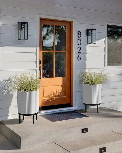 Veradek Demi Series Round Planter w/ Stand for Porch/Patio | Durable Plastic-Concrete & Wooden Stand | Modern Décor for Tall Plants, Flowers