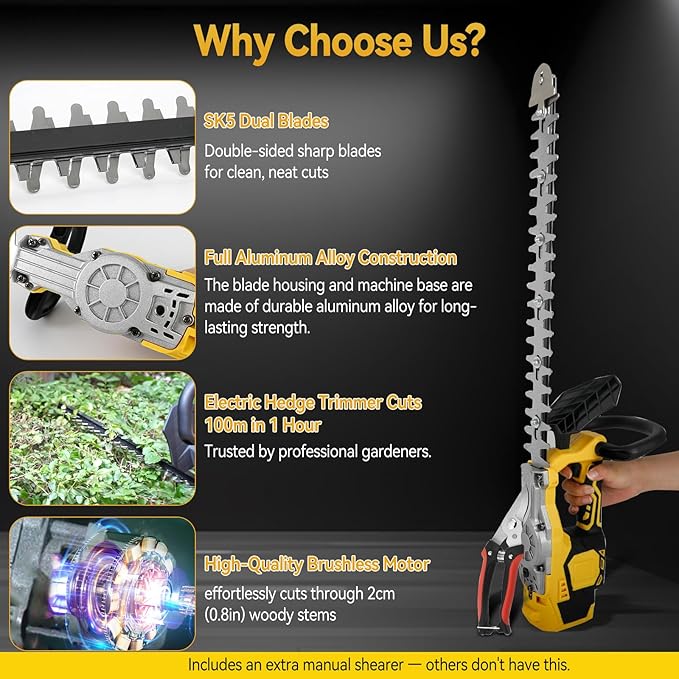 JOJOCY Cordless Hedge Trimmer, 20" Brushless Shrub Trimmer with 3-Speed Settings, Dual-Action SK5 Blade, Safety Lock, Tool Only (for DeWalt)
