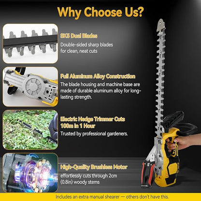 JOJOCY Cordless Hedge Trimmer, 20" Brushless Shrub Trimmer with 3-Speed Settings, Dual-Action SK5 Blade, Safety Lock, Tool Only (for DeWalt)