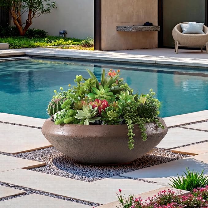 Concrete Lotus Bowl Planter 19"Dia x 6.3"H Large Succulent Pot with Drainage Hole & Plug, 16.7" Opening Low Planters for Indoor Outdoor Plants, Home, Patio, Garden, Weathered Concrete, Medium-Rust