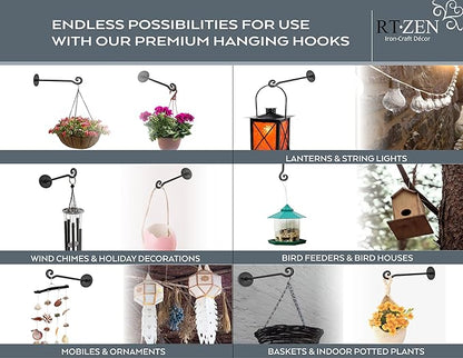 RTZEN Plant Hangers Indoor or Outdoor - Wrought Iron Metal Hanger Indoor Hook - Heavy Duty Wall Bracket Hooks for Hanging Plants Baskets Lanterns Wind Chimes - 2 Pack (Black Swirl Hooks)