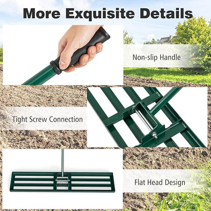 46" x 10" Lawn Leveling Rake, Heavy Duty Landscape Rake with 67" Handle, Non-Slip Grip & Flat Head, Space-Saving Lawn Level Tool for Garden, Backyard, Golf Course & Sports Field(Green)
