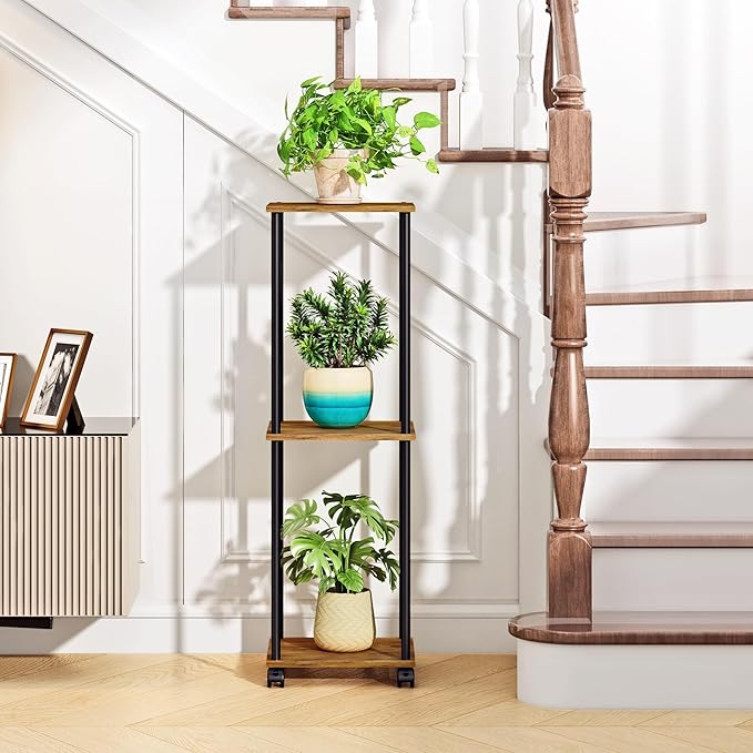 3 Tier Tall Plant Stand Indoor with Wheels, Movable Plant Shelf Metal Wood Multiple, Flower Pot Holder for Living Room Office Balcony Patio, Rustic Brown