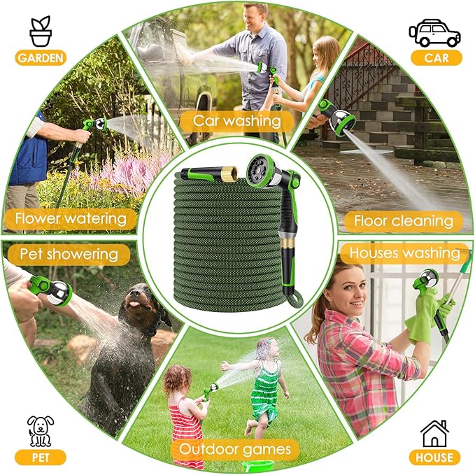 Non-Expandable Garden Hose 100 FT, Lightweight Hose with 10 Function Spray Nozzle, Kink-Free Flexible Water Hose, Durable, Leak-Proof, 360° Swivel Connectors, Portable Storage Strap