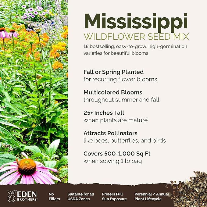 Eden Brothers Mississippi Wildflower Mixed Seeds for Planting, 1 lb, 480,000+ Seeds with Lupine, Sunflower | Attracts Pollinators, Plant in Spring or Fall, Zones