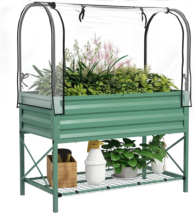 Outsunny Raised Garden Bed with Cover and Storage Shelf, Rectangular Metal Elevated Planter Box with Legs and Bed Liner for Vegetables, Flowers, Herbs, Green