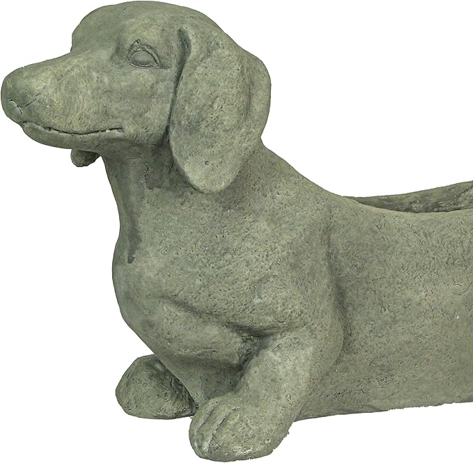 Zeckos Charming Rustic Distressed Grey Stone Finish Dachshund Dog Indoor or Outdoor Decor Planter Doxie Plant Pot - Whimsical Garden Accent for Dog Lovers - 20 Inches Long