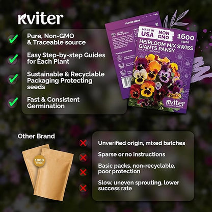 KVITER 1600 Swiss Giants Pansy Seeds For Planting (Viola wittrockiana) – Mixed Colors Seed Packets Viola Edible Blooms – Perennial Flower Seeds to Plant Outside Garden Seed Mix, Containers Flower Beds