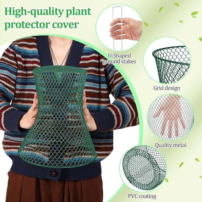 Therwen 15 Pcs Large Chicken Wire Cloche Plant Protector Cover 11x12 Inch Metal Garden Cloche Dome for Plants Wire Protection Basket with Garden Stakes Plant Cages from Animals (Green)