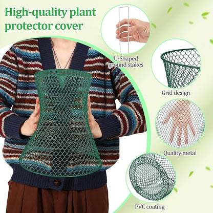 Therwen 15 Pcs Large Chicken Wire Cloche Plant Protector Cover 11x12 Inch Metal Garden Cloche Dome for Plants Wire Protection Basket with Garden Stakes Plant Cages from Animals (Green)