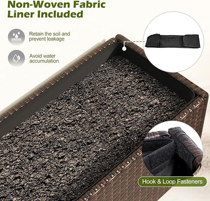 Giantex Wicker Raised Garden Bed with Wheels, 38”x12”x14”, Rectangular Garden Planter Box w/PE Rattan, Liner Fabric, Wicker Patio Elevated Raised Bed for Vegetable Flower Herb Porch Balcony