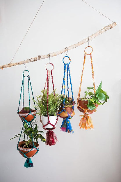 Matr Boomie Upcycled Assorted Muliticolor Sari Fabric Macrame Plant Hanger Indoor Hanging Planter Basket with Tassels for Indoor Outdoor Boho Home Decor 24 Inch, Holds 6" Pot (Pot not Included)
