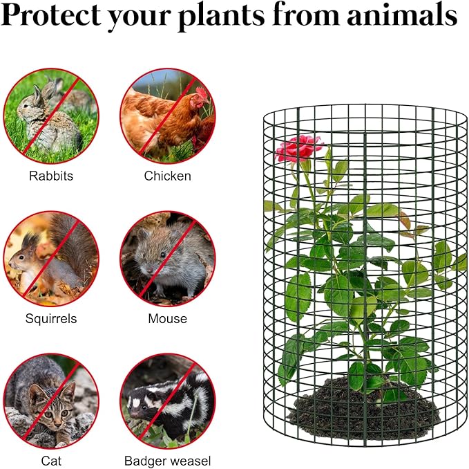8 Pack 24'' x 12'' Large Wire Plant Protector from Animals, Metal Plant Wire Cage Chicken Wire Cloche with Ground Stakes , Labels and Nylon Tie to Keep Animals Out, Garden Protection Bunny Barricade