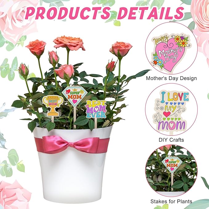 15 Pcs Mother's Day Crafts Mom Plant Stakes Craft Kits Color Your Own Best Mom Plant Labels Gift DIY Unfinished Cutouts Present Tags for Mother's Day, Gardeners, Funny Gardening Gifts