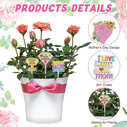 15 Pcs Mother's Day Crafts Mom Plant Stakes Craft Kits Color Your Own Best Mom Plant Labels Gift DIY Unfinished Cutouts Present Tags for Mother's Day, Gardeners, Funny Gardening Gifts