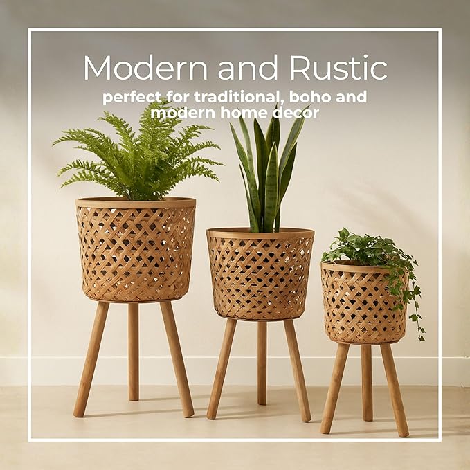 Set of 3 Woven Basket Decorative Planter Pot with Stand – Handcrafted Bamboo Pine Wood Outdoor & Indoor Plant Pot – Boho Garden & Home Decor Planters – 19", 22", & 26", Brown