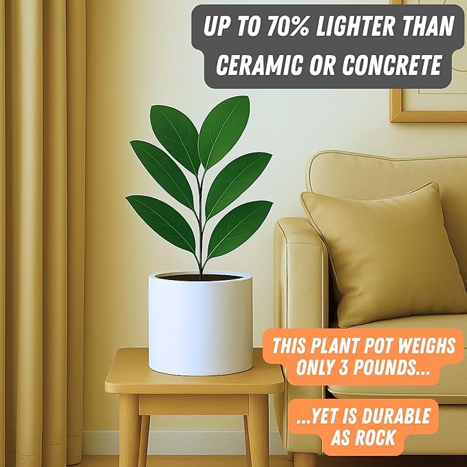 Fox & Fern 8 Inch Plant Pot with Drainage Plug — Premium Lightweight Fiberstone Glossy White Planter - Indoor & Outdoor Planter - 8 Inch Pots for Plants - Weather Resistant & UV Resistant