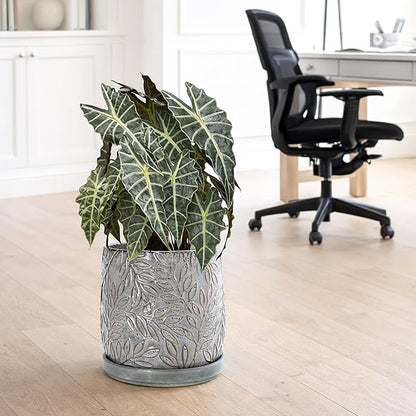 D'vine Dev 10 Inch Embossed Leaves Stoneware Planter Pot with Drainage Hole and Saucer, Graphite Blue, 27-A-P-9